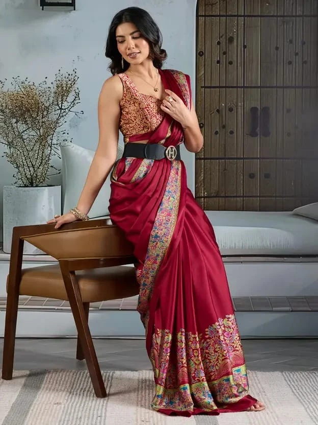 Modal Silk Original Hand Blocked Ajrakh work Lagdi Pallu Saree